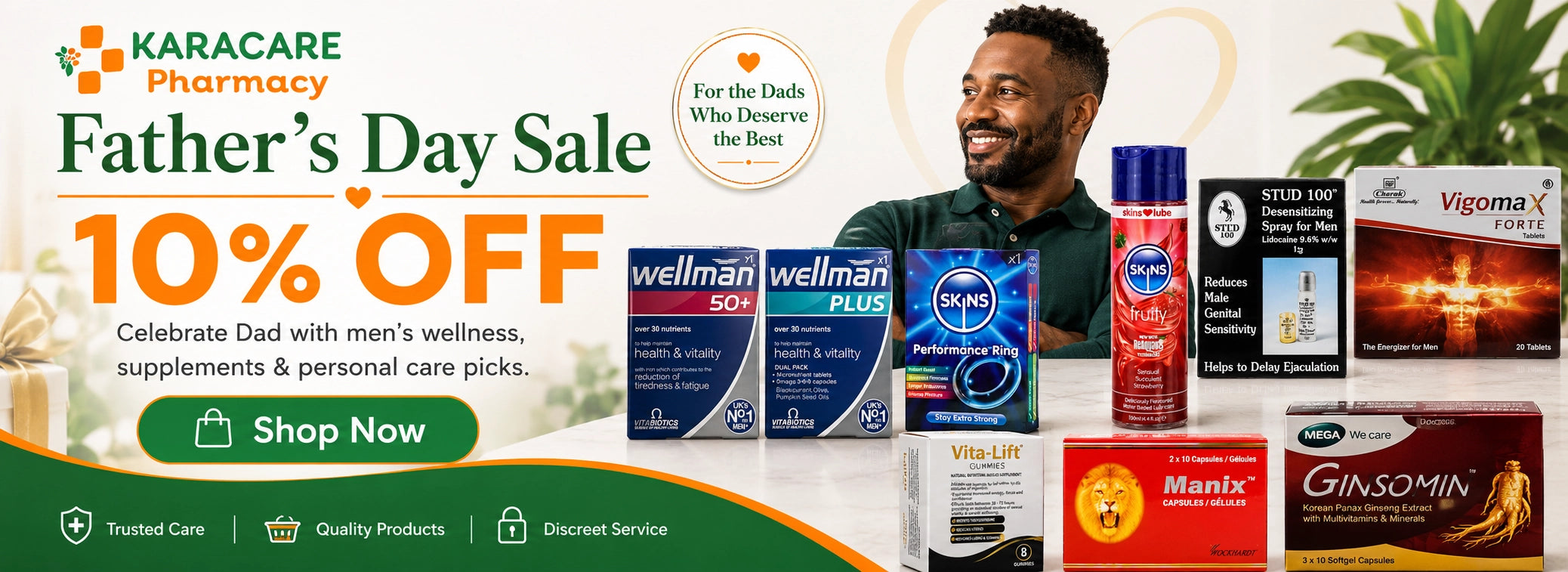 Promotional banner for Karacare Pharmacy Father's Day Sale with various health products and a man in a suit.
